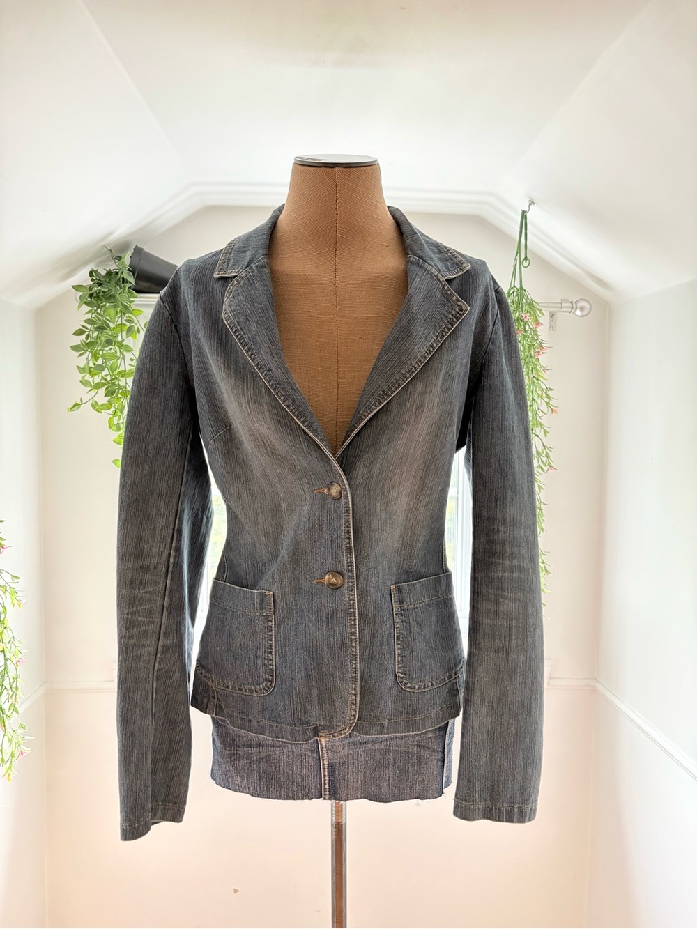 Womens Dark Gray Denim Blazer Jacket - Tailored Two-Button Jean Jacket
